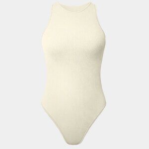 OQQ Women's IVORY Bodysuit Ribbed High Neck Tank Small NEW Tummy Shapewear SEXY